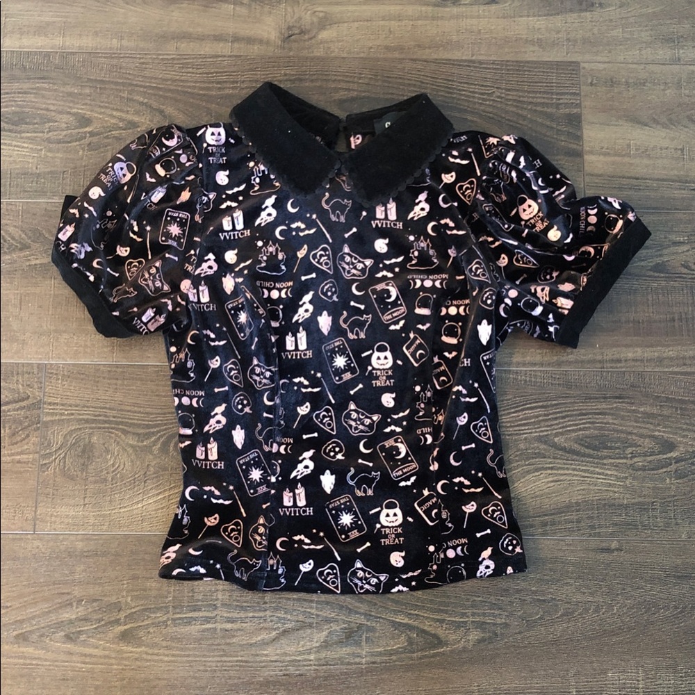 Halloween Print Velvet Top with Peter Pan Collar - Black and Rose Gold , size S